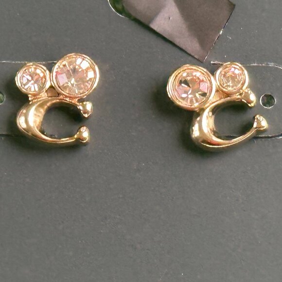 COACH SIGNATURE "C" CRYSTAL STUD EARRINGS:NWT GOLD/CLEAR C9450 - Picture 7 of 10